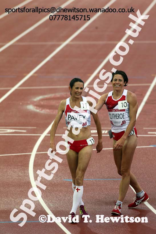 A joyful moment after Jo Pavey finishes 3rd with Helen Clitheroe (both England) womens 5000 metres at the Commonwealth Games, Glasgow. Photo: David T. Hewitson/Sports for All Pics